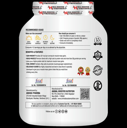Animal Booster Nutrition Mega Mass Gold for Muscle Growth Powder Chocolate with Shaker Free