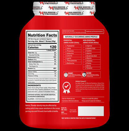 Animal Booster Nutrition Serious 100% Whey for Fast Recovery Muscle Formula Powder Chocolate with Shaker Free