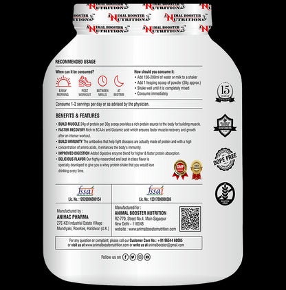 Animal Booster Nutrition Serious 100% Whey for Fast Recovery Muscle Formula Powder Chocolate with Shaker Free