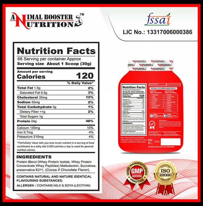 Animal Booster Nutrition Serious 100% Whey for Fast Recovery Muscle Formula Powder Chocolate with Shaker Free