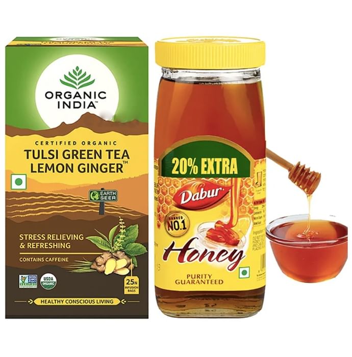Anti-oxidants Combo of Organic India Lemon Ginger Tulsi Green Tea 25 Tea Bag and Dabur Honey 1kg - Classic Derma
