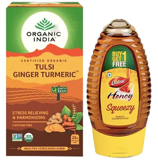 Anti-oxidants Combo of Organic India Tulsi Ginger Turmeric 25 Tea Bag and Dabur Honey Squeezy 225gm (Buy 1 Get 1 Free) - Classic Derma