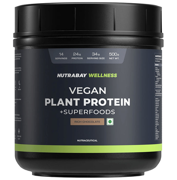 Nutrabay Wellness Vegan Plant Protein + Superfoods | For Muscles & Digestion | Flavour Rich Chocolate - Classic Derma