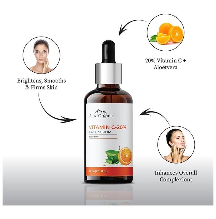 Aravi Organic 20% Vitamin C Face Serum For Brightening, Dark Spots, & Uneven Skin Tone