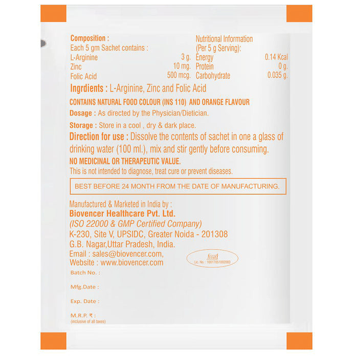 AR-GL FUL L-Arginine, Zinc & Folic Acid Sachet | Sugar-Free | Flavour Orange