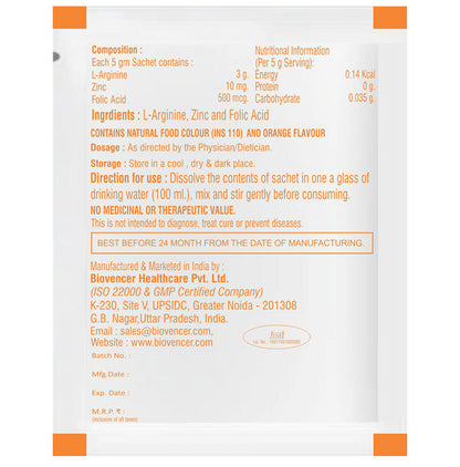 AR-GL FUL L-Arginine, Zinc & Folic Acid Sachet | Sugar-Free | Flavour Orange