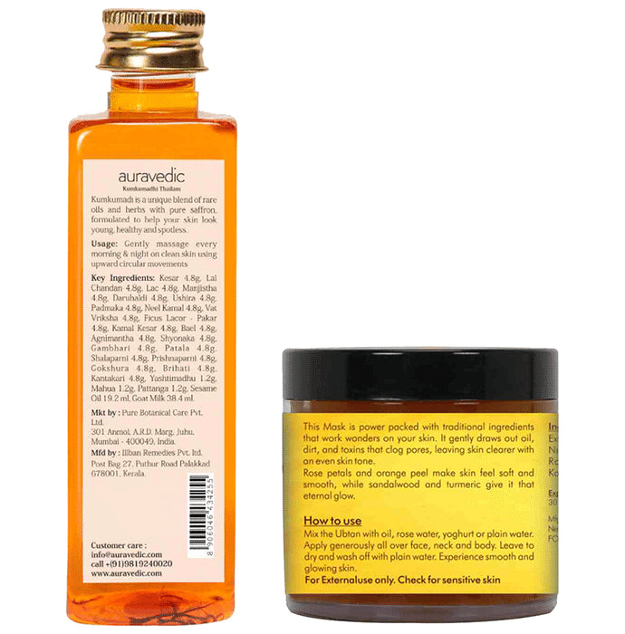 Auravedic Combo Pack of Kumkumadi Oil (100ml) & Ritual Cleansing Ubtan Mask (60gm)