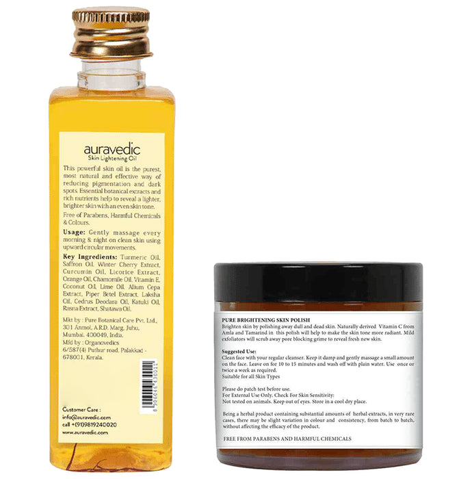 Auravedic Combo Pack of Skin Lightening Oil 100ml & Pure Brightening Skin Polish 100gm