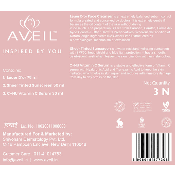 Aveil Combo Pack of Leuer D’or Face Cleanser 75ml, Sheer Tinted Sunscreen 50ml, C-Nu Vitamin C Serum 30ml