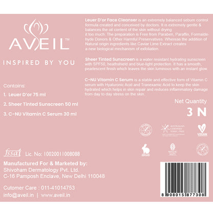 Aveil Combo Pack of Leuer D’or Face Cleanser 75ml, Sheer Tinted Sunscreen 50ml, C-Nu Vitamin C Serum 30ml