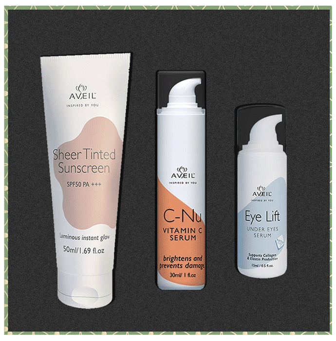 Aveil Combo Pack of Sheer Tinted SPF50 PA+++ Sunscreen 50ml, C-Nu Vitamin C Serum 30ml & Eye Lift Under Eye Serum 15ml - Classic Derma
