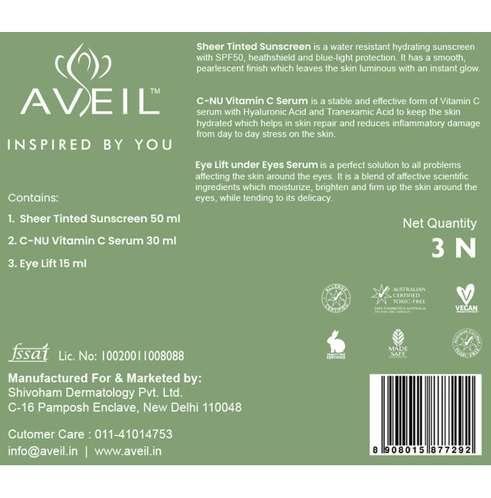 Aveil Combo Pack of Sheer Tinted SPF50 PA+++ Sunscreen 50ml, C-Nu Vitamin C Serum 30ml & Eye Lift Under Eye Serum 15ml