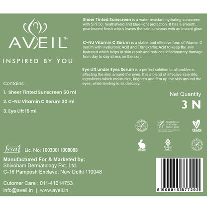 Aveil Combo Pack of Sheer Tinted SPF50 PA+++ Sunscreen 50ml, C-Nu Vitamin C Serum 30ml & Eye Lift Under Eye Serum 15ml