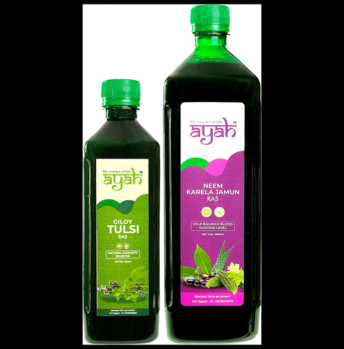Ayah Combo Pack of Giloy Tulsi Ras (500ml) & Neem Karela Jamun Ras (1000ml) - Classic Derma