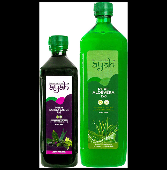Ayah Combo Pack of Neem Karela Jamun Ras (500ml) & Pure Aloevera Ras (1000ml) - Classic Derma