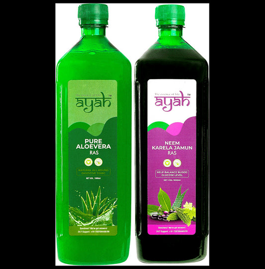 Ayah Combo Pack of Pure Aloevera Ras & Neem Karela Jamun Ras (1000ml Each) - Classic Derma