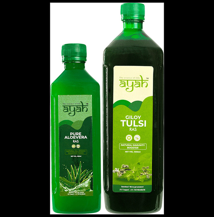 Ayah Combo Pack of Pure Alovera Ras (500ml) & Giloy Tulsi Ras (1000ml) - Classic Derma