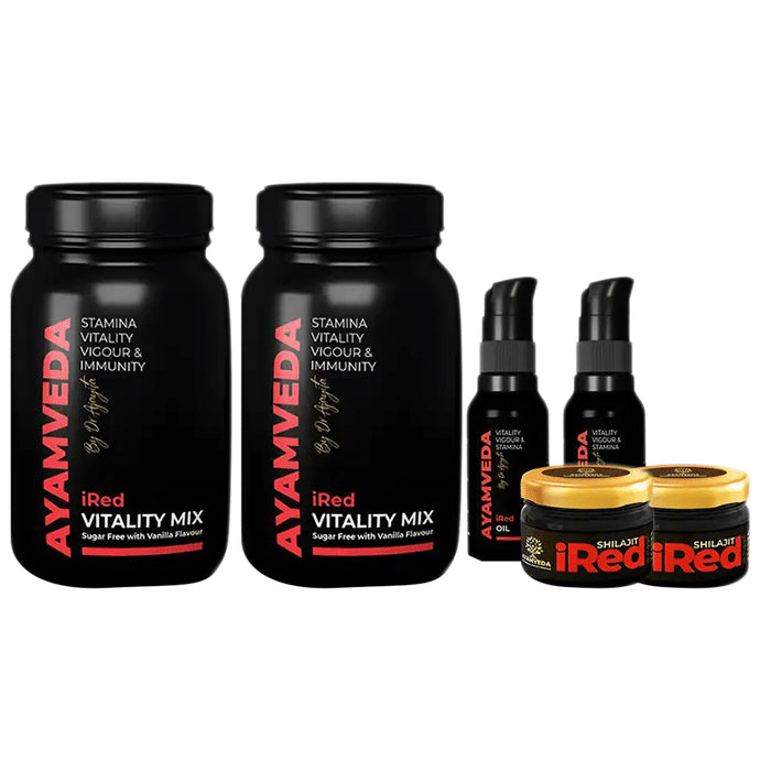 Ayamveda Combo Pack of I Red Massage Oil (30ml) , Shilajit Resin (20gm ) & Vitality Mix Sugar Free Vanilla Flavour (180 gm) - Classic Derma