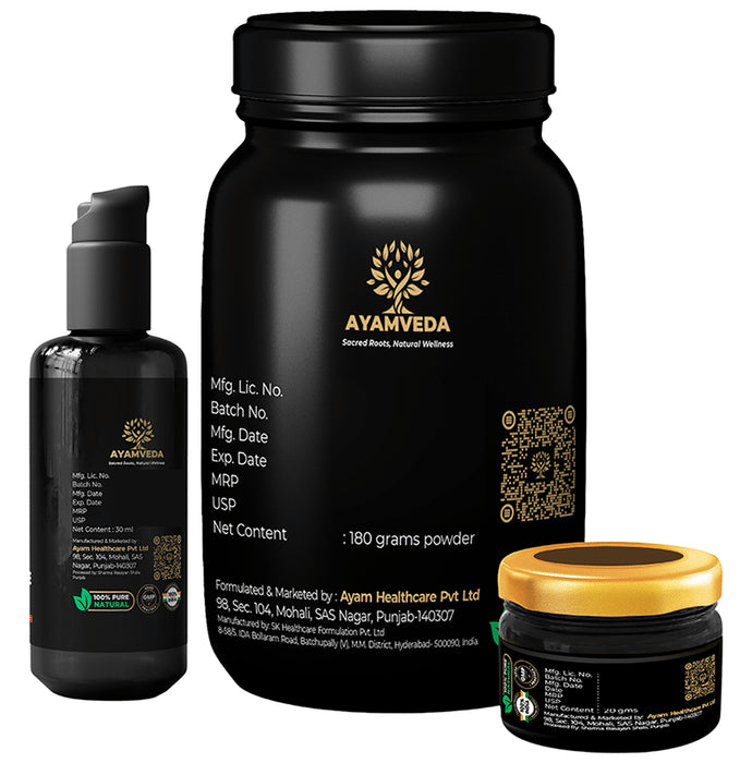 Ayamveda Combo Pack of I Red Massage Oil (30ml) , Shilajit Resin (20gm ) & Vitality Mix Sugar Free Vanilla Flavour (180 gm)