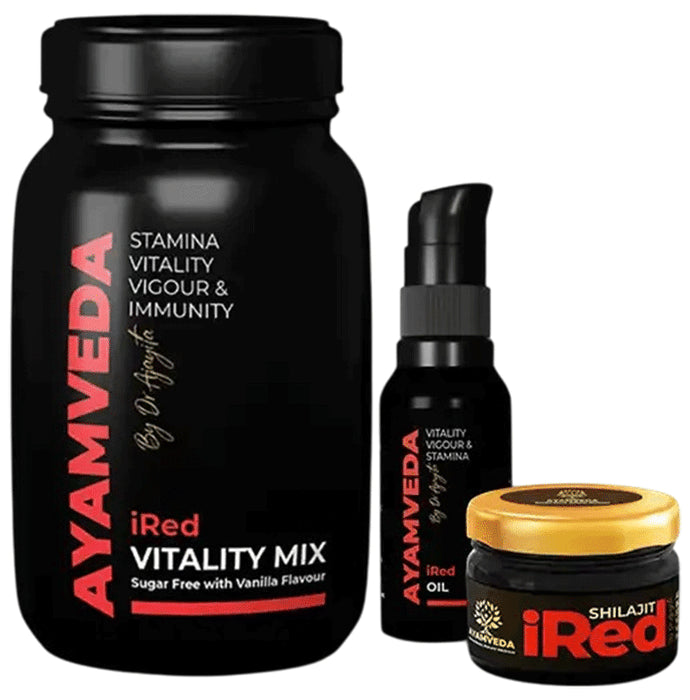 Ayamveda Combo Pack of i Red Vitality Mix Sugar Free with Vanila Flavour(180gm Each) ,i Red Massage Oil (30ml Each) & Shilajit Resin (20gm Each) - Classic Derma