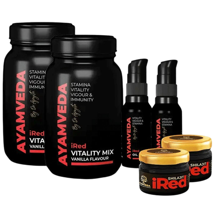 Ayamveda Combo Pack of i Red Vitality Mix Sugar Free with Vanila Flavour(180gm Each) ,i Red Massage Oil (30ml Each) & Shilajit Resin (20gm Each) - Classic Derma