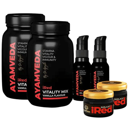 Ayamveda Combo Pack of i Red Vitality Mix Sugar Free with Vanila Flavour(180gm Each) ,i Red Massage Oil (30ml Each) & Shilajit Resin (20gm Each) - Classic Derma