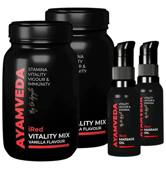 Ayamveda Combo Pack of i Red Vitality Mix Vanilla Flavour (180gm Each) & i Red Massage Oil (30ml Each) - Classic Derma