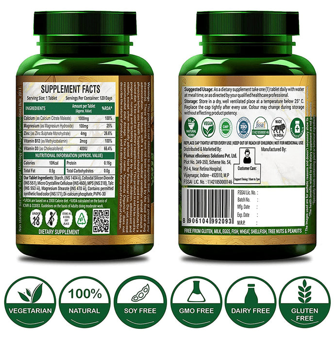 Ayurveda Organics Calcium Magnesium Zinc with Vitamin D3 & B12 Vegetarian Tablet