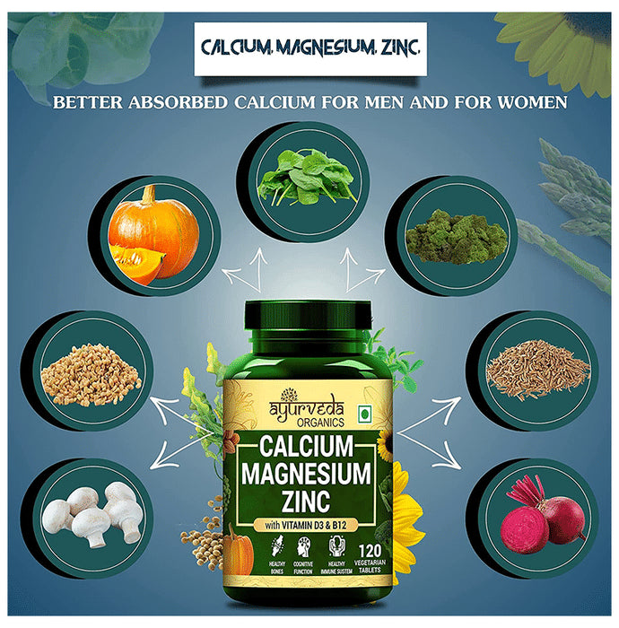 Ayurveda Organics Calcium Magnesium Zinc with Vitamin D3 & B12 Vegetarian Tablet