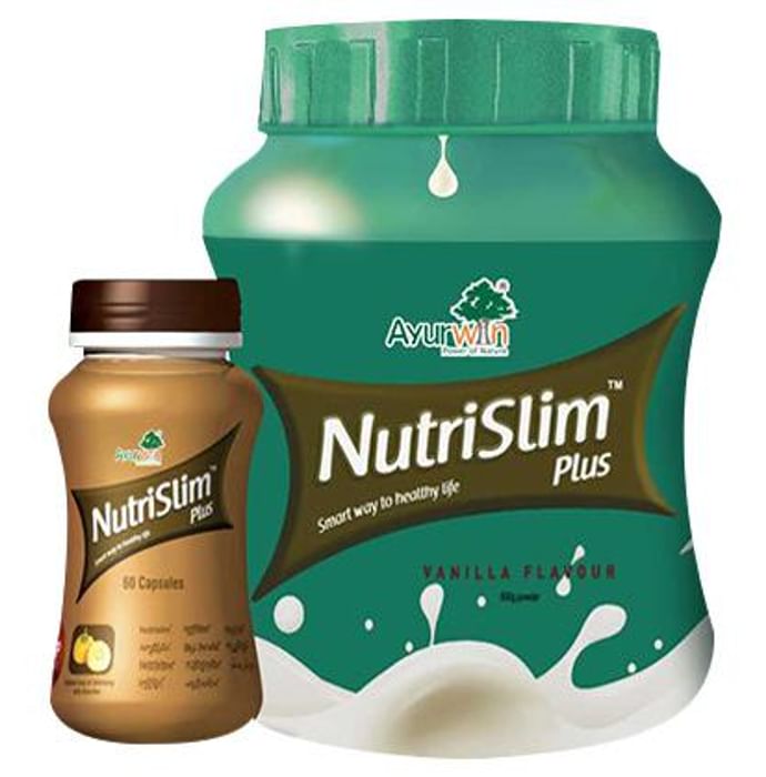 Ayurwin Combo Pack of Nutrislim Plus 60 Capsules & Nutrislim Plus Powder 500gm (Vanilla) - Classic Derma