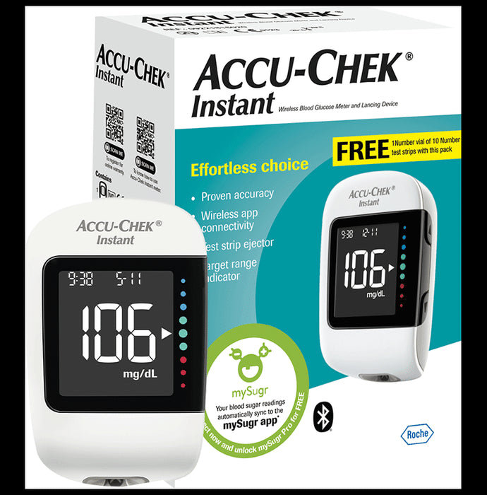 Accu-Chek Instant Glucometer Combo Pack with Free 10 Test Strips | mySugr App | Wireless | Blood Glucose Monitors | Diabetes Monitoring Devices - Classic Derma