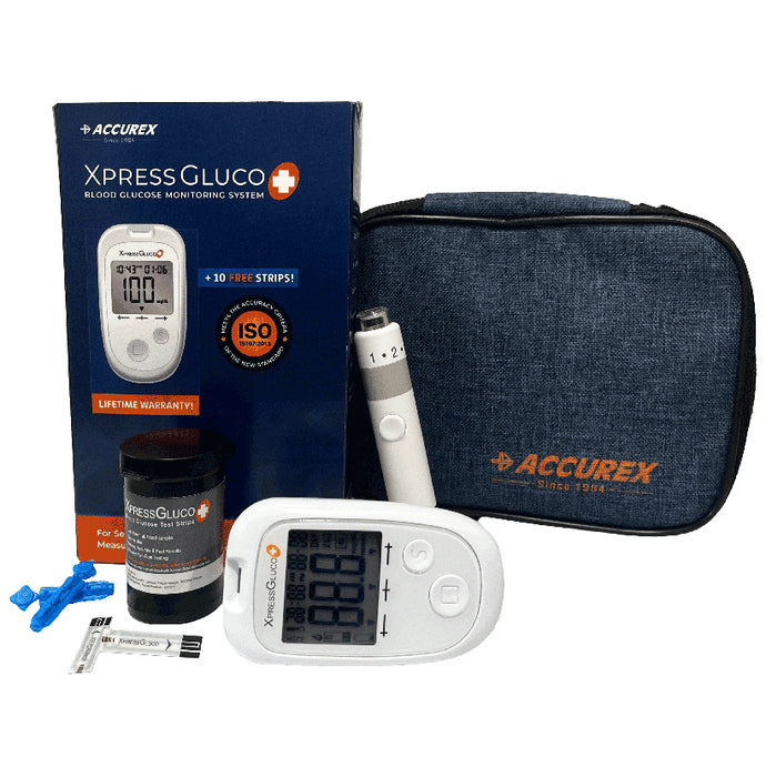 Accurex Xpress Gluco Plus Blood Glucose Monitoring System with Free 10 Strip - Classic Derma