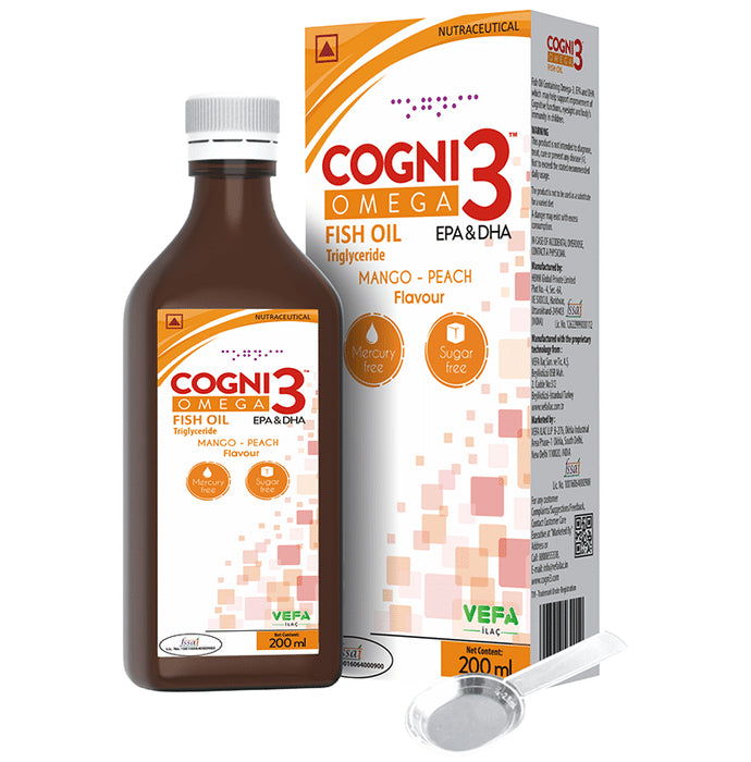 Cogni 3 Syrup with Omega 3 Fish Oil (EPA & DHA) | Sugar-Free | Flavour Mango Peach - Classic Derma