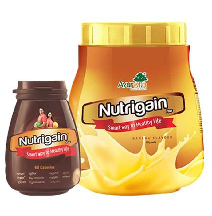 Ayurwin Combo Pack of Nutrigain Plus 60 Capsule & Nutrigain Plus Powder 500gm Banana Flavour - Classic Derma
