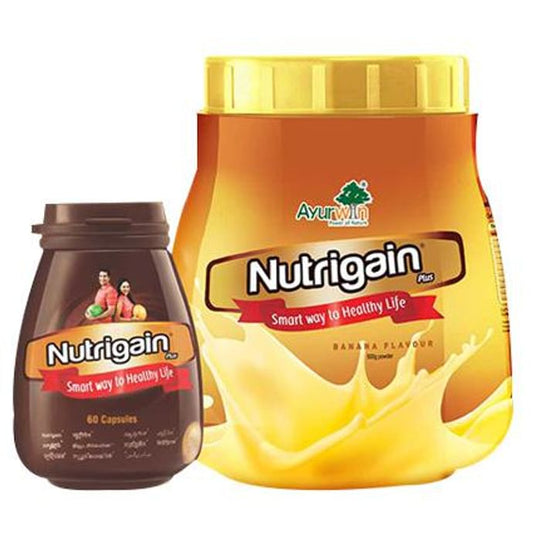 Ayurwin Combo Pack of Nutrigain Plus 60 Capsule & Nutrigain Plus Powder 500gm Banana Flavour - Classic Derma