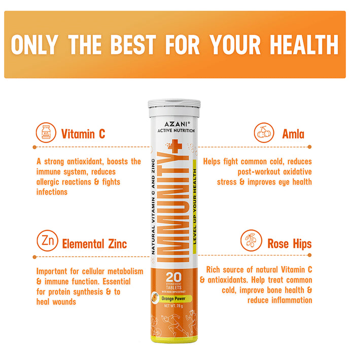 Azani Active Nutrition Natural Vitamin C and Zinc Immunity+ Effervescent Tablet (20 Each) Orange