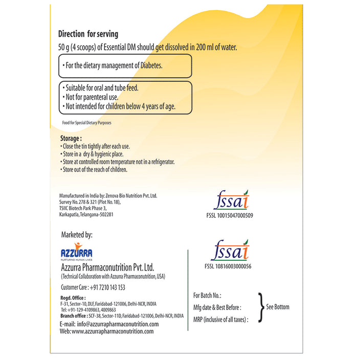 Azzurra Essential DM with Fibres & FOS for Diabetics | Flavour Powder Vanilla