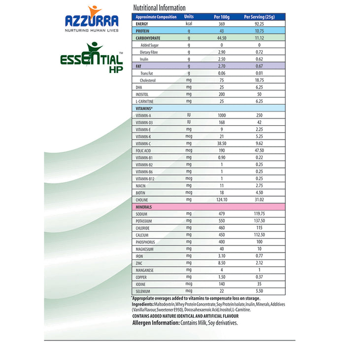 Azzurra Essential High Protein Nutrition with L-Creatine & DHA | Flavour Powder Vanilla