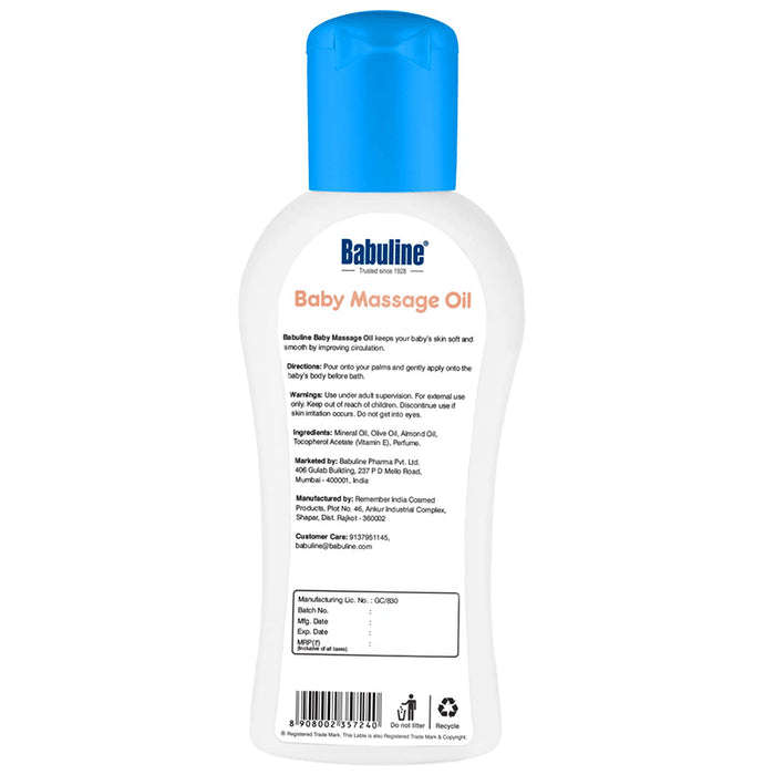 Babuline Baby Massage Oil for Relaxing Massage, Healthy and Strong Bones Made with 100% Natural Ingredients, Suitable for All Skin Types, Vitamin E, No Parabens Oil