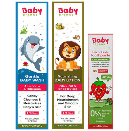 Baby Organo Combo Pack of Gentle Baby Wash 200gm, Nourishing Baby Lotion 200gm And Herbal Kids Toothpaste 50gm - Classic Derma