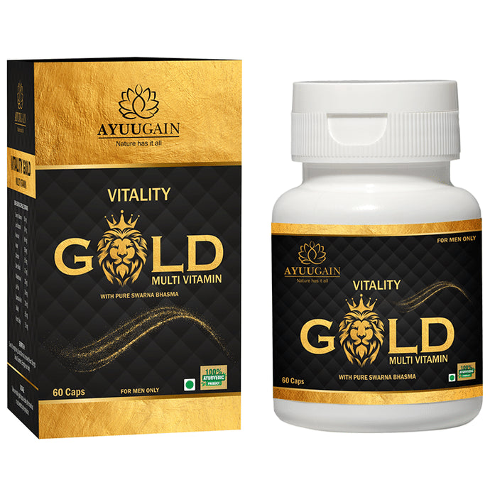 Ayuugain Vitality Gold Capsule Multivitamin For Energy, Stamina & Immunity Booster with Pure Swarna Bhasma for Men (60 Capsule) Capsule - Classic Derma