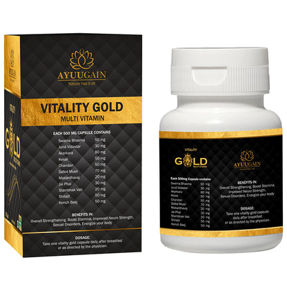 Ayuugain Vitality Gold Capsule Multivitamin For Energy, Stamina & Immunity Booster with Pure Swarna Bhasma for Men (60 Capsule) Capsule