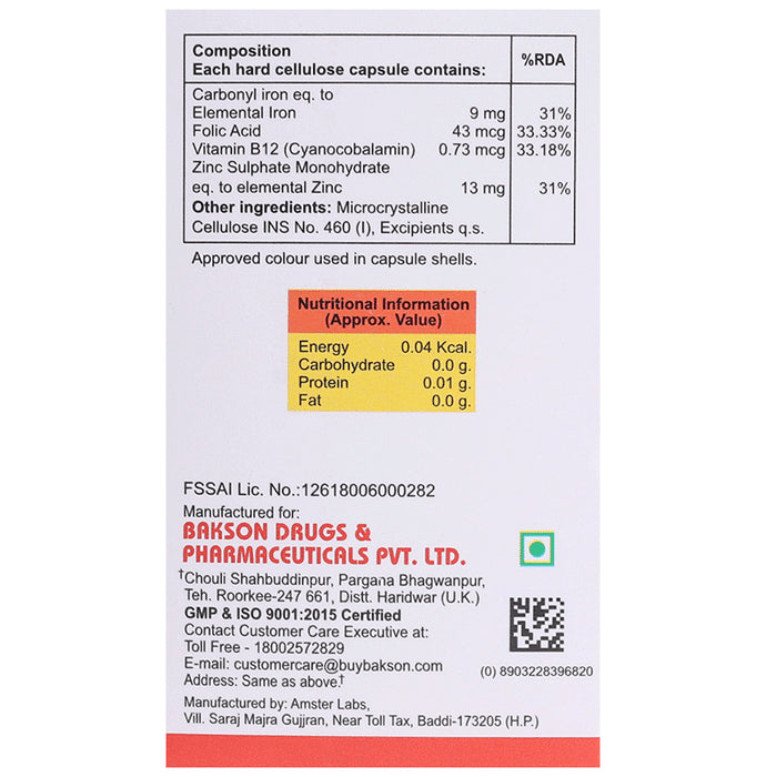 Bakson's Ferrum Plus with Iron, Folic Acid, Vitamin B12 & Zinc | Capsule