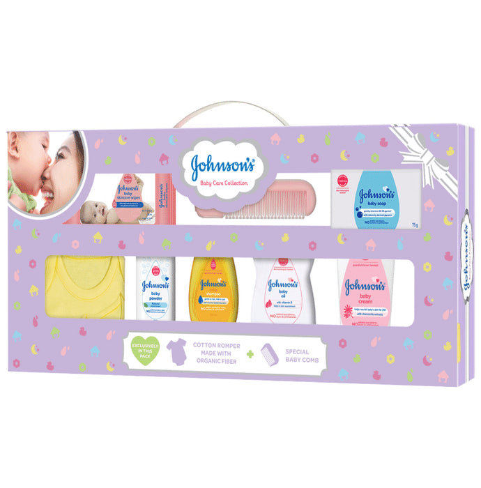 Johnson's Baby Care Collection Gift Box with Organic Cotton Baby T-Shirt - 7 Gift Items - Classic Derma