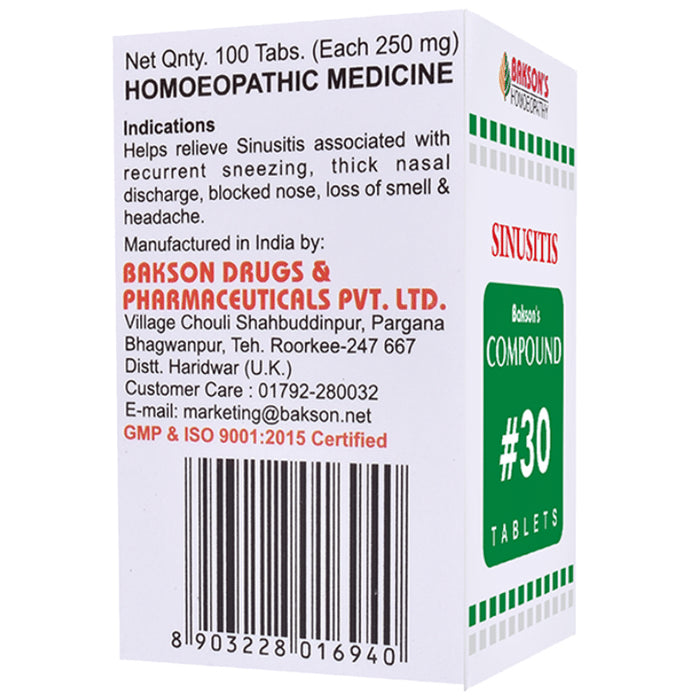 Bakson's Homeopathy Compound # 30 Sinusitis Tablet