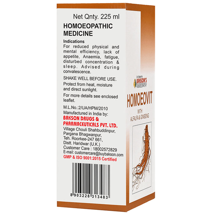 Bakson's Homeopathy Homoeovit with Alfalfa & Ginseng Syrup