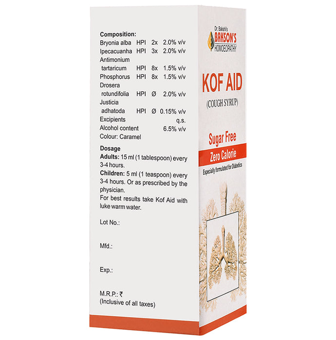 Bakson's Homeopathy Kof Aid Cough Syrup Sugar Free
