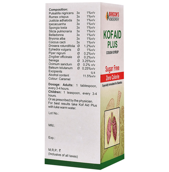 Bakson's Homeopathy Kof Aid Plus Cough Syrup Sugar Free