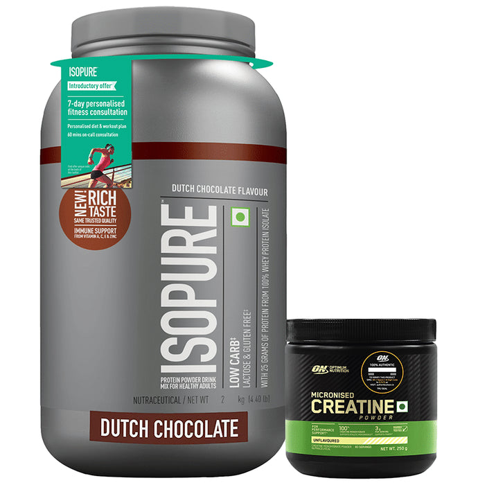 Combo Pack of Isopure Protein Powder Chocolate Flavour (2kg) & Micronised Creatine Powder Unflavoured (250gm) - Classic Derma