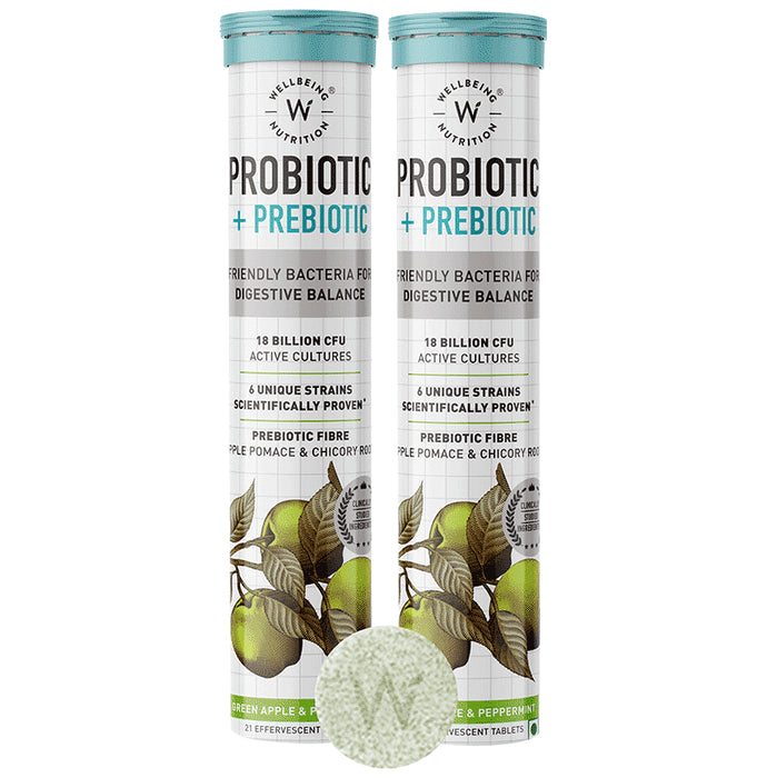 Wellbeing Nutrition Probiotic + Prebiotic Fibre with 18 Billion CFU | Effervescent Tablet for Gut Health | Flavour Green Apple & Mint - Classic Derma